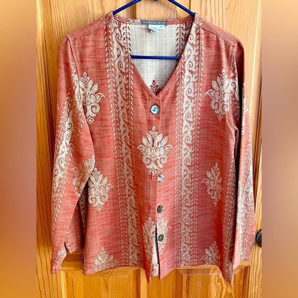 Isabella Bird Size Medium Muted Earthtone Red and Gold Abalone Button Up Jacket - Picture 1 of 12